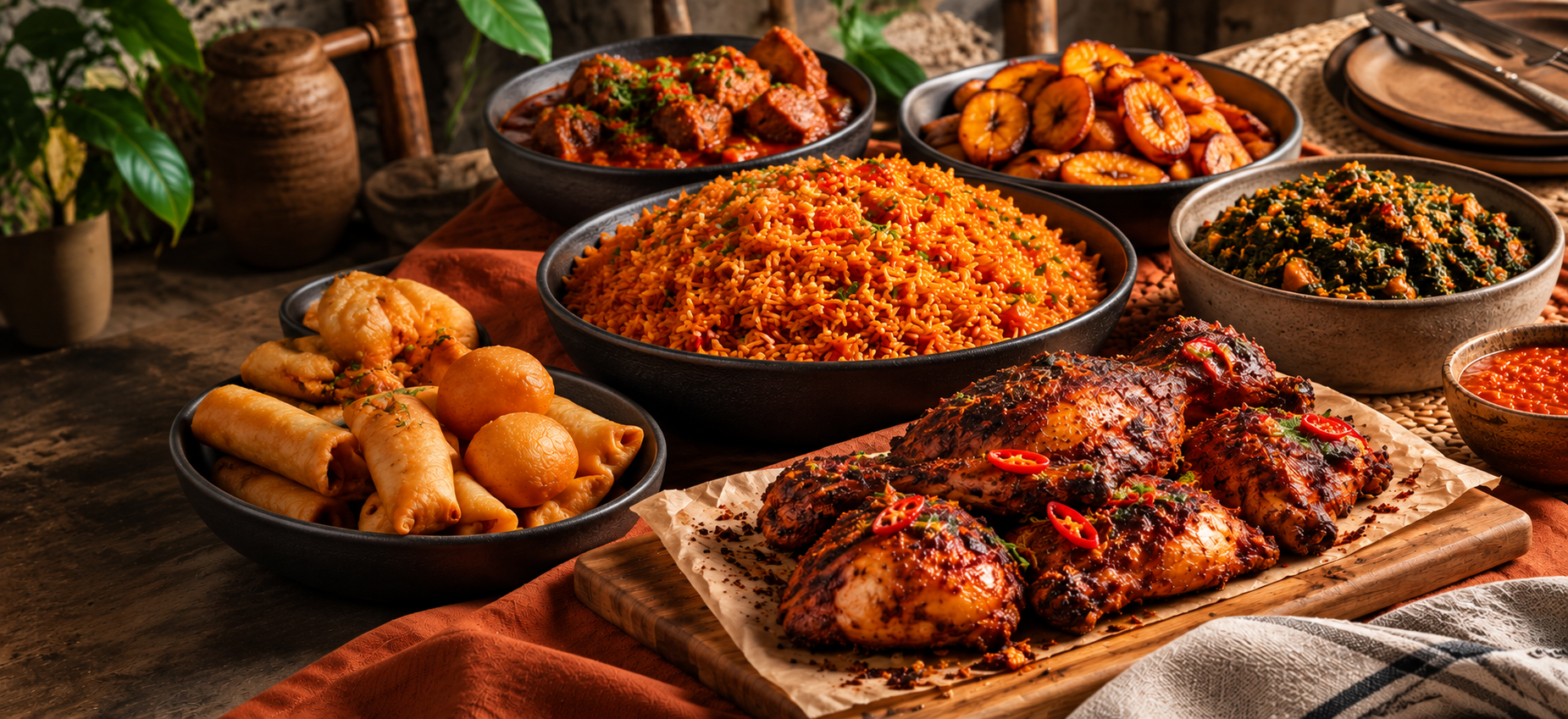 A spread of Nigerian rice, stews, small chops and grilled chicken